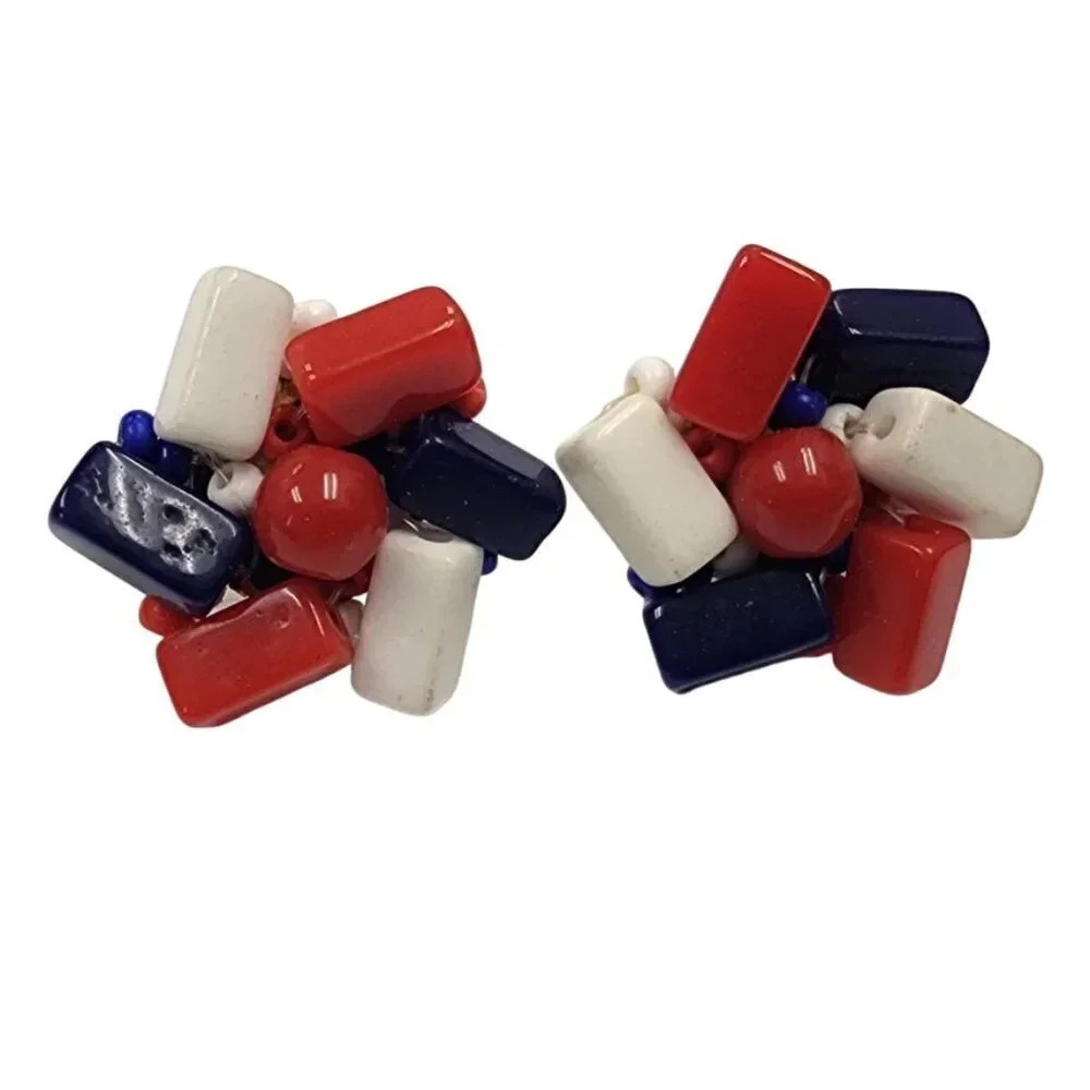 Vintage Multicolor Beaded Chip Cluster Stud Earrings